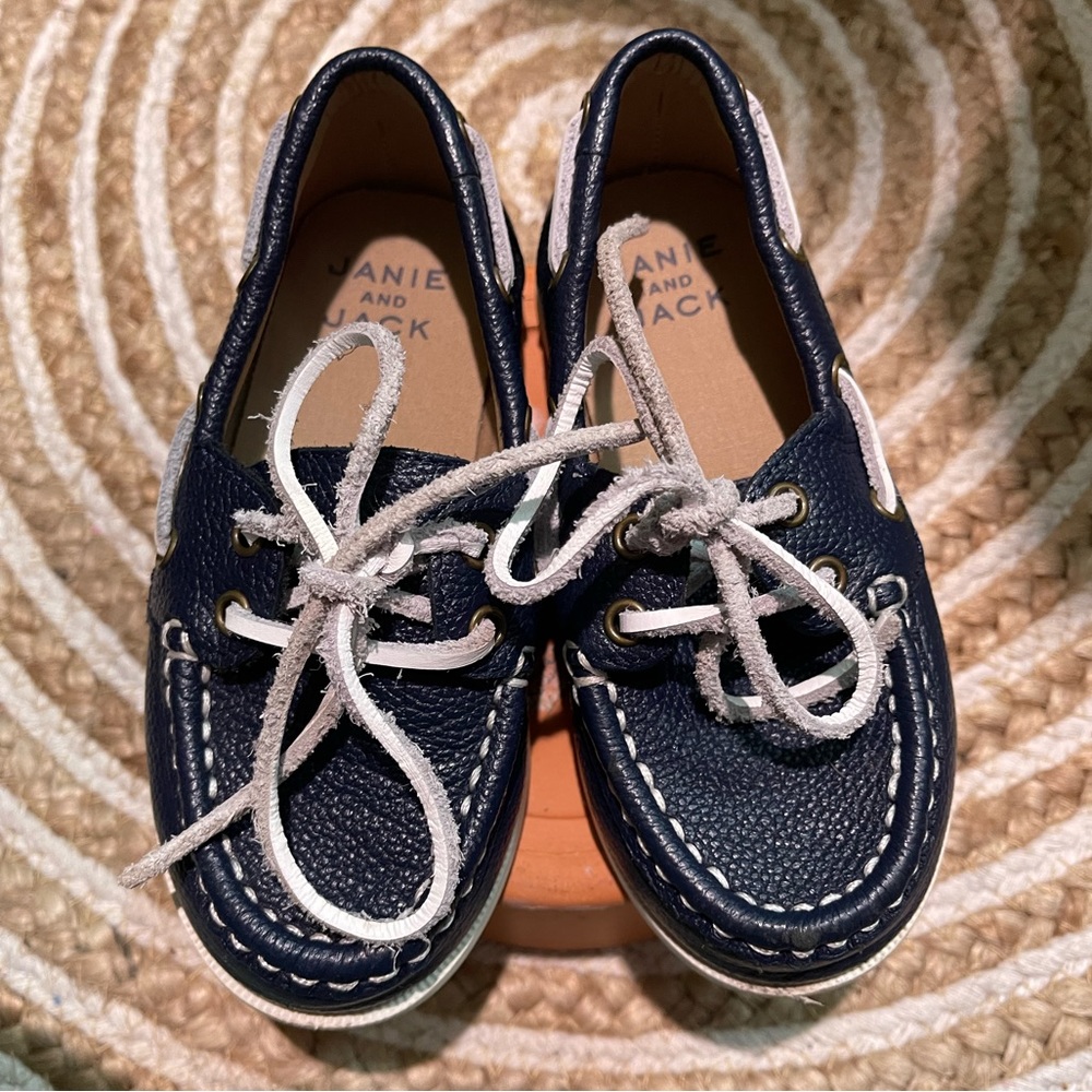 Janie and Jack Navy Blue Leather Boat Shoes with White Laces